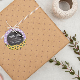 Paarse Gingham & Sunflower Baby-Q Shower Dank je Bedankjes Labels