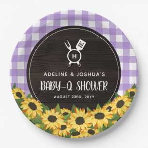 Paarse Gingham & Sunflower Rustic Baby-Q Shower Papieren Bordje