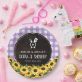 Paarse Gingham & Zonnebloemen Rustieke Baby-Q Douc Papieren Bordje (Feest)