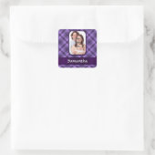 Paarse ginghampatroon vierkante sticker (Tas)