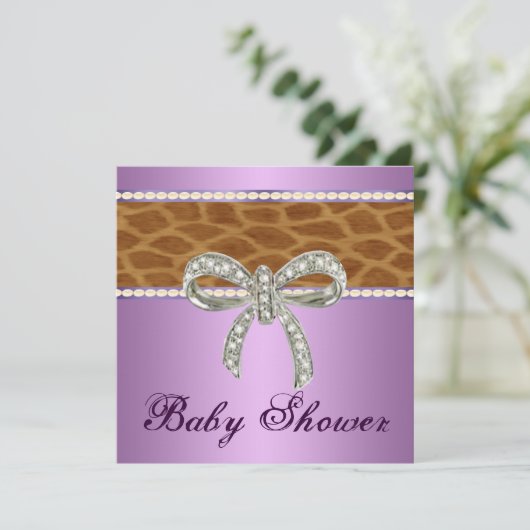 Paarse Giraffe Diamond Bow Baby shower Invitation Kaart (Staand voorkant)