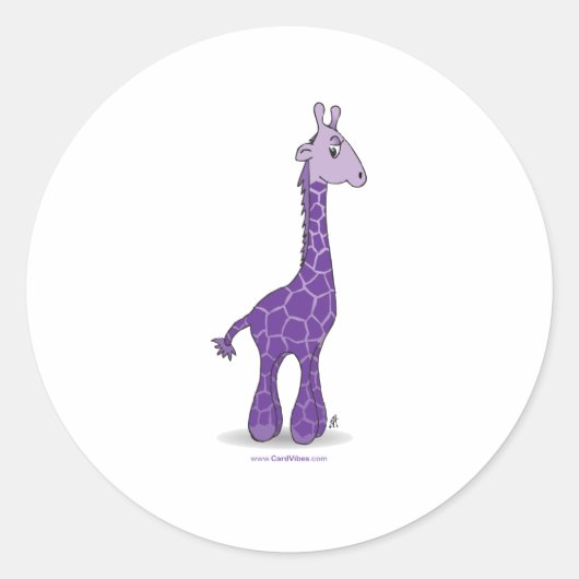 Paarse giraffe ronde sticker (Voorkant)