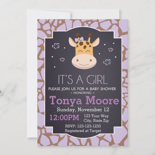 Paarse Giraffe Uitnodiging voor Baby Shower (meisj (Voorkant)