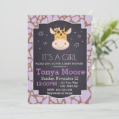Paarse Giraffe Uitnodiging voor Baby Shower (meisj (Staand voorkant)