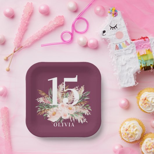 Paarse girale waterverf florelegant verjaardag papieren bordje (Feest)