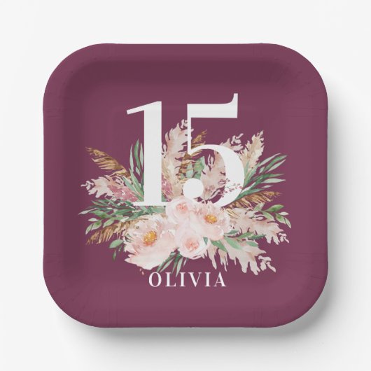 Paarse girale waterverf florelegant verjaardag papieren bordje (Voorkant)
