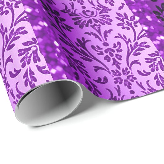  Paarse Girly Damask en Glitter Christmas Cadeaupapier (Rol Hoek)