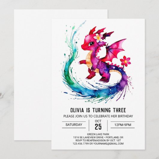 Paarse Girly Dragon Digitaal Meisje Verjaardag Kaart (Voorkant / Achterkant)