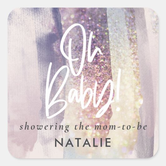 Paarse girly giltter baby shower deel vierkante sticker (Voorkant)