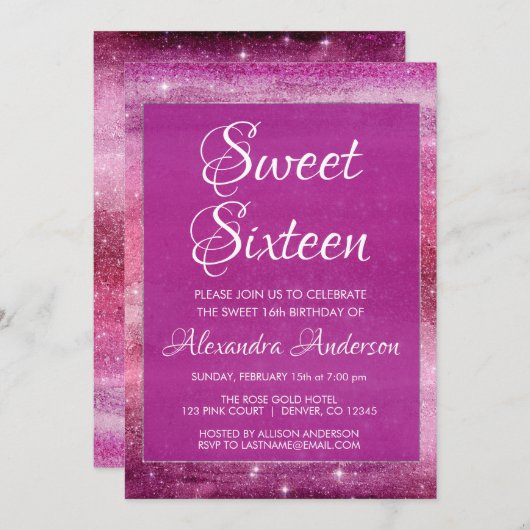 Paarse Girly Glitter Sparkle Sweet 16 Verjaardag Kaart (Voorkant / Achterkant)