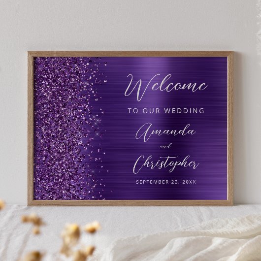 Paarse Glam Glitter Script Trouw Welkom Poster