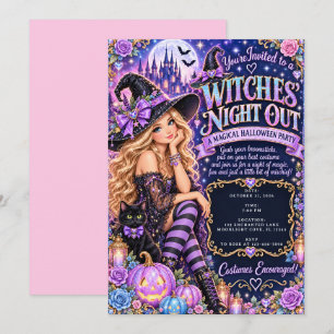 Paarse Glam Heksen Uitstapje Magische Halloween Kaart