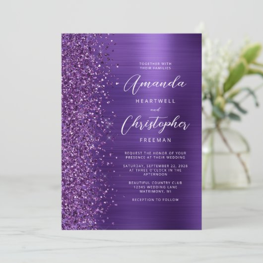 Paarse Glam Metallic Modern Script Bruiloft Kaart (Staand voorkant)
