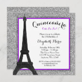Paarse Glam Paris Faux Silver Glitter Quinceanera Kaart (Voorkant / Achterkant)