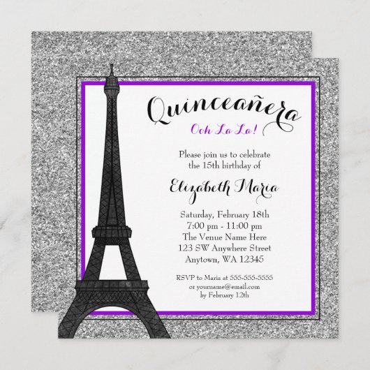 Paarse Glam Paris Faux Silver Glitter Quinceanera Kaart (Voorkant / Achterkant)