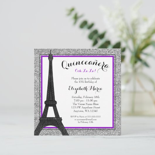 Paarse Glam Paris Faux Silver Glitter Quinceanera Kaart (Staand voorkant)