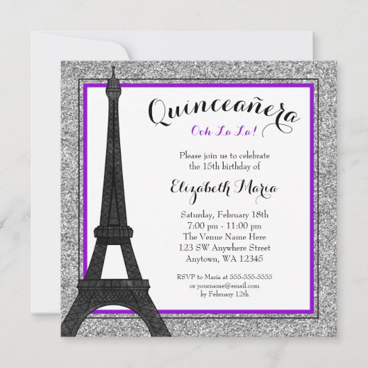 Paarse Glam Paris Faux Silver Glitter Quinceanera Kaart (Voorkant)