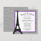 Paarse Glam Paris thema Faux Glitter Sweet 16 Kaart (Voorkant / Achterkant)