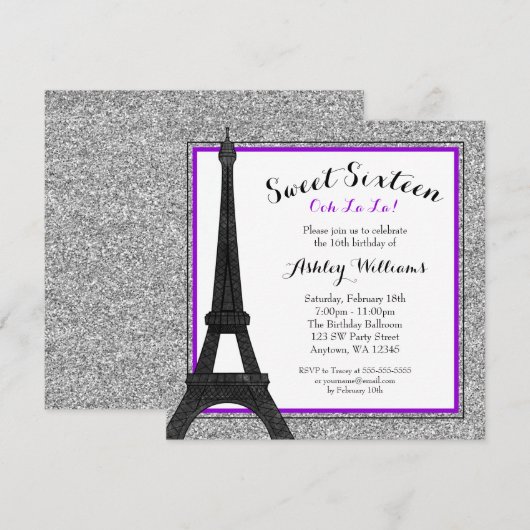 Paarse Glam Paris thema Faux Glitter Sweet 16 Kaart (Voorkant / Achterkant)
