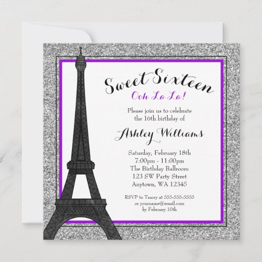 Paarse Glam Paris thema Faux Glitter Sweet 16 Kaart (Voorkant)