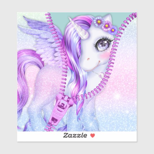 Paarse Glam Pastel White Unicorn Peek-A-Boo Zipper Sticker (Vel)