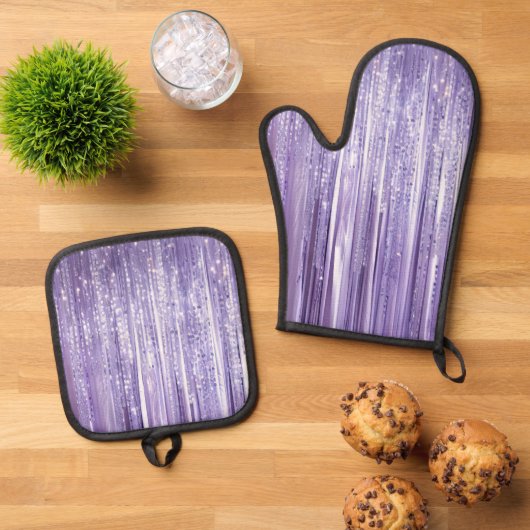 Paarse Glam Tinsel Stripes Ovenwant & Pannenlap Set (Top down)