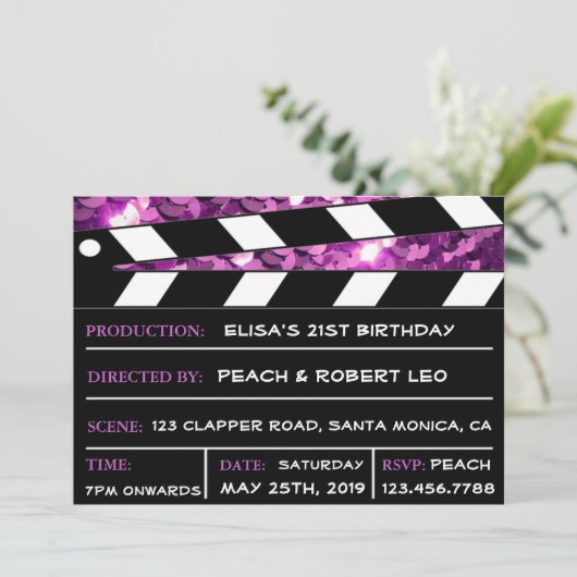 Paarse Glamor Clapper Board Kaart (Staand voorkant)