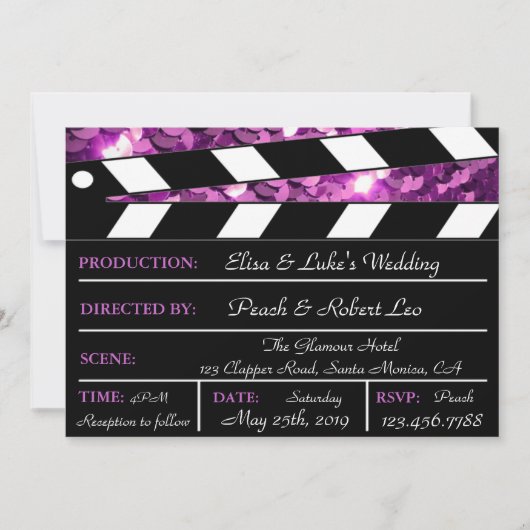 Paarse Glamor Clapper Board Wedding Invite Kaart (Voorkant)
