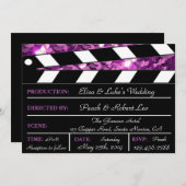 Paarse Glamor Clapper Board Wedding Invite Kaart (Voorkant / Achterkant)