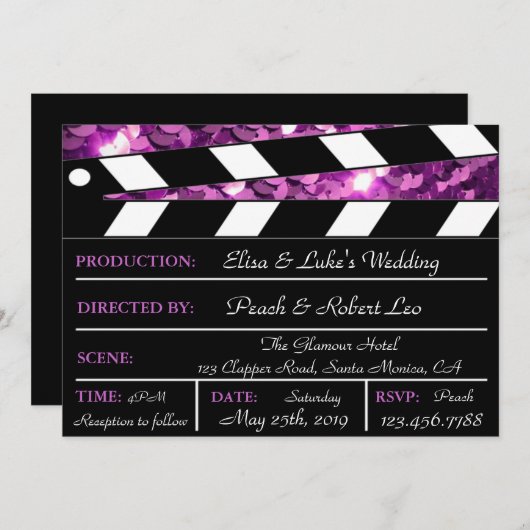 Paarse Glamor Clapper Board Wedding Invite Kaart (Voorkant / Achterkant)