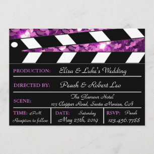 Paarse Glamor Clapper Board Wedding Invite Kaart