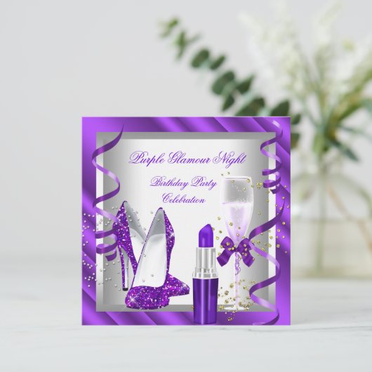 Paarse Glamor Night Champagne Party 2 Kaart (Staand voorkant)