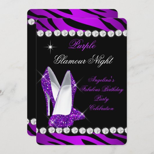 Paarse Glamour Night Zebra Glitter Shoes Kaart (Voorkant / Achterkant)