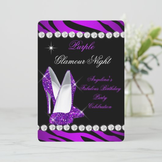 Paarse Glamour Night Zebra Glitter Shoes Kaart (Staand voorkant)