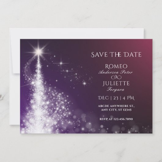 Paarse glans elegante kerstboom bruiloft save the date (Voorkant)