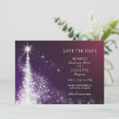 Paarse glans elegante kerstboom bruiloft save the date (Staand voorkant)