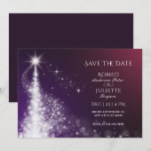 Paarse glans elegante kerstboom bruiloft save the date (Voorkant / Achterkant)