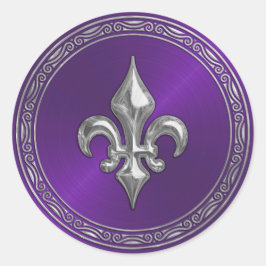 Paarse glans en zilveren Fleur de Lis-omhulselzege Ronde Sticker