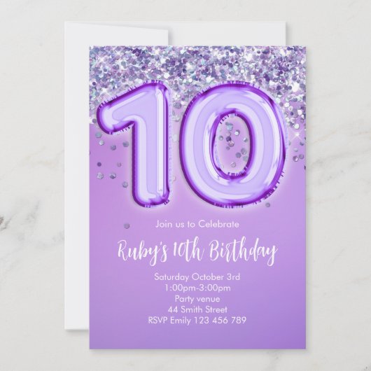 Paarse Glitter 10e Verjaardagsuitnodiging Kaart (Voorkant)