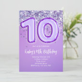 Paarse Glitter 10e Verjaardagsuitnodiging Kaart (Staand voorkant)