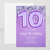 Paarse Glitter 10e Verjaardagsuitnodiging Kaart (Voorkant / Achterkant)