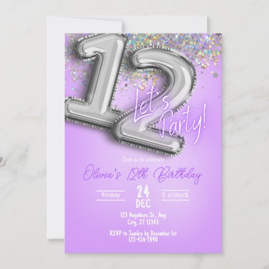 Paarse Glitter 12e verjaardagsuitnodiging Kaart (Voorkant)