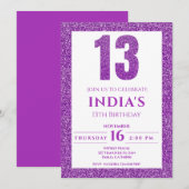 Paarse Glitter 13e Verjaardagsuitnodiging Kaart (Voorkant / Achterkant)