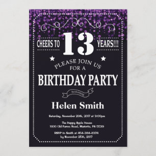 Paarse Glitter 13th Birthday Invitation Kaart