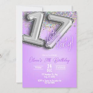 Paarse Glitter 17e Verjaardagsuitnodiging Kaart