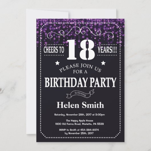 Paarse Glitter 18th Birthday Invitation Kaart (Voorkant)