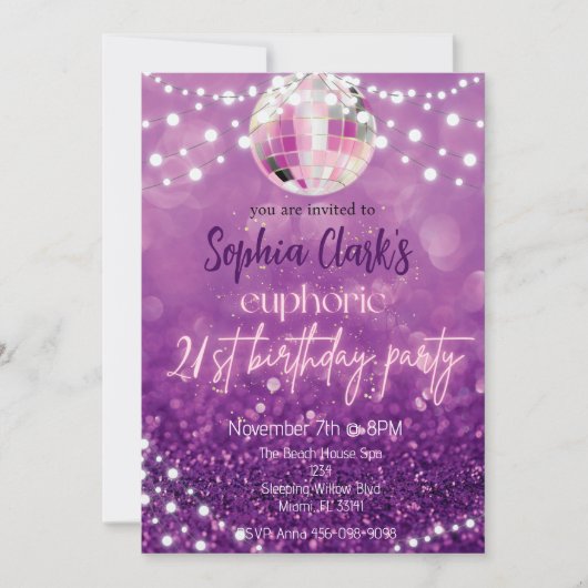 Paarse Glitter 21st Birthday Euphoria Uitnodiging (Voorkant)