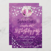 Paarse Glitter 21st Birthday Euphoria Uitnodiging (Voorkant / Achterkant)