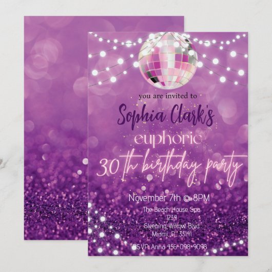 Paarse Glitter 30th Birthday Euphoria Kaart (Voorkant / Achterkant)
