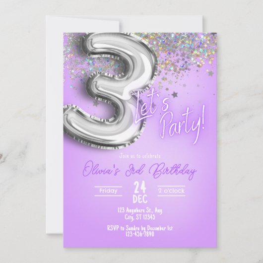 Paarse Glitter 3e Verjaardagsuitnodiging Kaart (Voorkant)